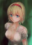  1girl alice_margatroid blonde_hair blue_eyes breasts bust collarbone culter hairband no_bra shirt solo touhou 