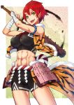  1girl abs bandages bike_shorts breasts club earrings fangs green_eyes highres horns jewelry junnkinn large_breasts looking_at_viewer midriff oni oni_horns original pointy_ears redhead rope shide shimenawa short_hair smile solo sports_bra weapon 