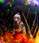  1girl arm_belt arrow azumi-kun bamboo bamboo_forest blood blood_from_mouth bloody_clothes clouds embers facing_away fire forest fujiwara_no_mokou full_moon hair_ribbon impaled long_sleeves moon nature night ofuda outdoors pants parted_lips ponytail ribbon short_hair solo suspenders touhou white_hair 
