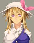  1girl blonde_hair bow grey_background hat hat_bow jonylaser large_breasts long_hair solo touhou violet_eyes watatsuki_no_toyohime watatsuki_no_yorihime watatsumi 