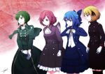  4girls alternate_costume antennae ascot belt bird_wings blonde_hair blue_eyes blue_hair bow capelet cirno commentary dress facing_away frown glove_pull gloves gradient gradient_background green_eyes green_hair grin hair_bow hair_ornament hair_ribbon hairclip high_collar jacket jacket_tug kuroto_yamaneko military military_uniform multiple_girls mystia_lorelei no_wings parted_lips pink_eyes pink_hair red_eyes revision ribbon rumia signature skirt skirt_set smile team_9 thigh-highs touhou tunic uniform waistcoat wriggle_nightbug 