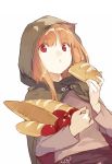  1girl :t apple baguette bread brown_hair duoyuanjun food fruit highres holding holding_food holo hood long_sleeves looking_at_viewer red_eyes shirt solo spice_and_wolf white_background 