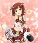 1girl amami_haruka bow brown_hair gloves green_eyes hair_bow highres idolmaster idolmaster_one_for_all jewelry koiwai_ringo microphone midriff navel necklace official_style short_hair solo white_gloves 
