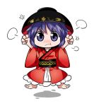  1girl arms_up bowl brown_eyes byourou chibi clenched_hands hat japanese_clothes kimono obi pout purple_hair sash short_hair solo sukuna_shinmyoumaru touhou violet_eyes 