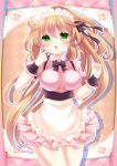  1girl apron blush breasts brown_hair frills green_eyes highres long_hair looking_at_viewer maid_headdress open_mouth solo wrist_cuffs 