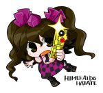  1girl brown_eyes brown_hair byourou cellphone character_name checkered checkered_skirt chibi hat himekaidou_hatate necktie phone ribbon short_hair skirt solo sparkle tokin_hat touhou twintails 