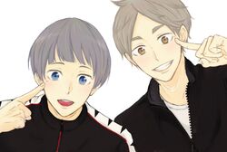  2boys blue_eyes blush brown_eyes crossover free! grey_hair haikyuu!! jacket male_focus mole multiple_boys nitori_aiichirou open_mouth smile sugawara_koushi trait_connection 