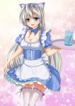  1girl :d animal_ears blue_eyes breasts cat_ears clannad cleavage detached_collar dress grey_hair highres kemonomimi_mode maid open_mouth sakagami_tomoyo skirt skirt_lift smile tagme thigh-highs tray white_legwear 