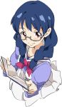  1girl bespectacled blue_hair book bow braid brown_eyes from_above front_braid glasses go!_princess_precure holding holding_book looking_up multiple_braids nanase_yui precure school_uniform semi-rimless_glasses serafuku simple_background skirt smile solo twin_braids umanosuke under-rim_glasses white_background 
