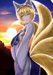  1girl :o blonde_hair breast_hold bust clouds dress fox_tail hat hat_with_ears hoshara index_finger_raised long_sleeves looking_at_viewer looking_to_the_side multiple_tails narrowed_eyes open_mouth revision sky solo sunset tabard tail touhou yakumo_ran yellow_eyes 