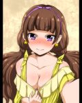  1girl amanogawa_kirara bangs bare_shoulders blunt_bangs blush breasts brown_hair cleavage earrings go!_princess_precure hairband hone_(koppun) jewelry long_hair looking_at_viewer low_twintails off_shoulder precure self_shot shirt_pull smile solo star star_earrings twintails violet_eyes 