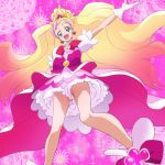  1girl :d aqua_eyes black_gloves blonde_hair cure_flora gloves go!_princess_precure gradient_hair haruno_haruka haruyama_kazunori long_hair looking_at_viewer magical_girl multicolored_hair open_mouth outstretched_arm pink_background pink_hair ponytail precure smile solo two-tone_hair 