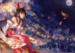  1girl alternate_costume bare_shoulders black_hair bow detached_sleeves floral_print forest full_moon hair_bow hair_tubes hakurei_reimu japanese_clothes kimono long_sleeves moon nature night obi petals red_eyes sash sitting sky solo tg touhou wide_sleeves 