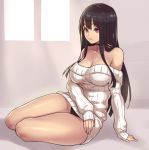  1girl arm_support bare_shoulders black_hair breasts choker cleavage houtengeki long_hair original pink_eyes ribbed_sweater sitting solo sweater thighs 