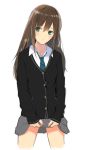  1girl brown_hair cardigan green_eyes idolmaster idolmaster_cinderella_girls jewelry long_hair mibu_natsuki necklace necktie school_uniform shibuya_rin skirt skirt_lift 