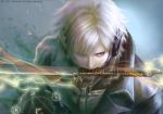  1boy cyborg electricity magic_circle mastema metal_gear_(series) metal_gear_solid_4 mouth_hold raiden solo sword trench_coat weapon white_hair 