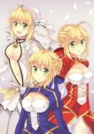  3girls ahoge blonde_hair blue_dress bodysuit breasts cleavage dress dual_persona fate/extra fate/extra_ccc fate/stay_night fate_(series) green_eyes multiple_girls red_dress saber saber_bride saber_extra suzu_miya 