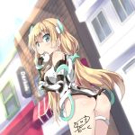  1girl angela_balzac ass blonde_hair blush breasts darkside eating expelled_from_paradise food leotard long_hair looking_at_viewer nikuman solo thigh_strap twintails 