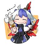  1girl ahoge blue_hair blush_stickers byourou eating head_wings horns multicolored_hair oden short_hair silver_hair smile solo tokiko_(touhou) touhou two-tone_hair wings 