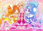  1girl 3girls ;d ^_^ ^o^ amanogawa_kirara aqua_eyes aroma_(go!_princess_precure) bare_shoulders blonde_hair blue_eyes blue_hair bow brown_hair choker closed_eyes cure_flora cure_mermaid cure_twinkle earrings english frilled_skirt frills gloves go!_princess_precure gradient_hair hair_ornament hair_ribbon half_updo haruno_haruka jewelry kaidou_minami long_hair looking_at_viewer magical_girl midriff multicolored_hair multiple_girls nanjou_akimasa navel one_eye_closed open_mouth precure puff_(go!_princess_precure) purple_hair quad_tails redhead ribbon skirt smile sparkle star star_earrings streaked_hair text twintails two-tone_hair very_long_hair violet_eyes 