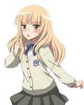  1girl alternate_costume blonde_hair blush eyebrows glasses kaneko_(novram58) long_hair long_sleeves open_mouth perrine_h_clostermann pleated_skirt ribbon school_uniform skirt solo strike_witches yellow_eyes 