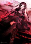  1girl akemi_homura black_hair covering_ears dress flower funeral_dress hairband long_hair looking_at_viewer lying mahou_shoujo_madoka_magica mahou_shoujo_madoka_magica_movie oka_(umanihiki) on_back signature solo spider_lily spoilers thigh-highs zettai_ryouiki 
