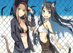  2girls animal_ears animal_hood black_hair blue_eyes breasts brown_hair cat_ears cat_tail cleavage fang green_eyes hood kimura_(ykimu) long_hair looking_at_viewer multiple_girls navel open_clothes open_mouth original small_breasts suspenders tail tongue tongue_out 