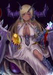  1girl bare_shoulders black_background blonde_hair breasts claws cleavage dark_skin dragon dragon_girl dragon_horns dragon_wings dress egg facial_mark gold_egg_(p&amp;d) heterochromia highres horns jyon large_breasts long_hair looking_at_viewer puzzle_&amp;_dragons scales simple_background sitting slit_pupils smile solo sonia_gran violet_eyes wings yellow_eyes 