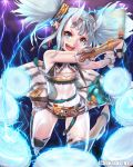  1girl blue_eyes electricity highres horns midriff official_art original pointy_ears remana short_hair silver_hair solo thigh-highs weapon 