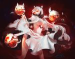  1girl absurdres breasts cleavage covered_mouth dress dress_lift highres horns kantai_collection long_hair midway_hime orange_eyes pale_skin shinkaisei-kan solo tina_hung white_dress white_hair 