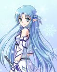  1girl asuna_(sao-alo) blue_eyes blue_hair detached_sleeves highres long_hair pointy_ears shishen sword sword_art_online weapon 