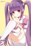  1girl blush highres long_hair looking_at_viewer noe_(mabue) purple_hair simple_background sitting solo sophie_(tales) tales_of_(series) tales_of_graces thigh-highs twintails violet_eyes white_legwear yellow_background 
