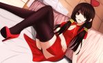  1girl artist_request bed black_hair black_legwear black_panties breasts chinese_clothes cleavage cleavage_cutout crossed_legs date_a_live heterochromia highres low_twintails panties pantyshot pantyshot_(sitting) red_eyes sitting thigh-highs tokisaki_kurumi twintails underwear yellow_eyes 