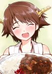  1girl bare_shoulders brown_hair commentary curry curry_rice failure_penguin food headgear hiei_(kantai_collection) highres into-rain kantai_collection miss_cloud short_hair smile tears 
