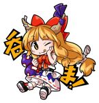  1girl blonde_hair bow byourou chain chibi hair_bow horn_ribbon horns ibuki_suika long_hair one_eye_closed orange_hair red_eyes ribbon smile solo tongue tongue_out touhou 