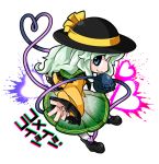  1girl blue_eyes byourou character_name chibi eyeball green_eyes green_hair hat hat_ribbon heart heart_of_string komeiji_koishi ribbon short_hair skirt smile solo third_eye touhou v 