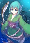  1girl blue_eyes blue_hair breasts bubble cleavage collarbone culter fish head_fins japanese_clothes kimono mermaid monster_girl obi open_mouth sash smile solo touhou underwater wakasagihime 
