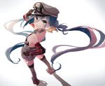  1girl bare_shoulders bismarck_(kantai_collection) bismarck_(kantai_collection)_(cosplay) blue_hair brown_gloves cosplay detached_sleeves gloves green_eyes grey_legwear grin hair_ribbon hand_on_headwear hat kantai_collection kiyoshimo_(kantai_collection) long_hair long_sleeves military military_uniform peaked_cap ragu_(myan_nyan) ribbon shadow smile solo standing thigh-highs twintails uniform very_long_hair 