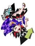  1girl black_hair bow byourou charcter_name checkered directional_arrow dress grin horns kijin_seija multicolored_hair red_eyes redhead sharp_teeth short_hair smile solo streaked_hair touhou upside-down white_hair 