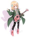  1girl bass_guitar black_legwear blonde_hair brown_eyes coat dress fang flower green_dress guitar hair_flower hair_ornament highres instrument kiira long_sleeves misono_chiaya open_clothes open_coat open_mouth pantyhose revision shadow smile solo the_rolling_girls 