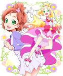  2girls alternate_eye_color blonde_hair bow choker cure_flora dual_persona earrings flower frilled_skirt frills gloves go!_princess_precure green_eyes hair_ornament half_updo haruno_haruka highres jewelry long_hair looking_at_viewer magical_girl multicolored_hair multiple_girls n_hirune open_mouth outstretched_arm pink_hair pink_skirt precure puffy_sleeves redhead ribbon school_uniform short_hair skirt smile streaked_hair time_paradox two-tone_hair wavy_hair white_skirt 