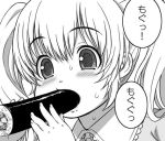  1girl blush eating food headphones makizushi monochrome nitroplus nori_(seaweed) open_mouth sexually_suggestive short_hair solo super_pochaco sushi tsuji_santa twintails 