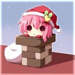  1girl :&lt; chibi chimney christmas gloves hat heart komeiji_satori ominaeshi_(takenoko) pink_hair rooftop sack santa_hat touhou 