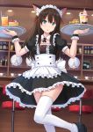  1girl animal_ears apron blush brown_hair cake cat_ears food green_eyes highres idolmaster idolmaster_cinderella_girls kazenokaze long_hair maid_headdress parfait shibuya_rin solo thigh-highs tray waitress 