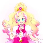  1girl :d aqua_eyes blonde_hair blue_eyes blush bow bust choker cure_flora earrings gloves go!_princess_precure gradient_hair hair_ornament half_updo haruno_haruka jewelry long_hair magical_girl multicolored_hair open_mouth pink_hair precure puffy_short_sleeves puffy_sleeves ribbon short_sleeves simple_background smile solo streaked_hair two-tone_hair wavy_hair white_background 