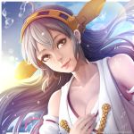  1girl breasts brown_eyes bust cleavage detached_sleeves dutch_angle grey_hair hand_on_own_chest haruna_(kantai_collection) kantai_collection lens_flare long_hair magion02 signature smile solo water_drop watermark web_address 