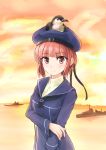  1girl animal_on_head beret bird bird_on_head brown_eyes brown_hair clothes_writing destroyer deza hat highres kantai_collection looking_at_viewer revision sailor_collar sailor_dress sailor_hat seagull ship short_hair sunset warship water z3_max_schultz_(kantai_collection) 