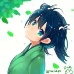  1girl black_hair branch green_eyes hair_ribbon japanese_clothes kantai_collection leaf looking_at_viewer ribbon shirayuki_ginri short_twintails signature sketch smile solo souryuu_(kantai_collection) twintails twitter_username 