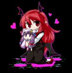 1girl bat_wings bow byourou character_doll chibi crescent hair_bow hat head_wings heart kneeling koakuma long_hair pantyhose patchouli_knowledge pointy_ears purple_hair red_eyes redhead smile solo touhou violet_eyes wings