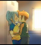  2boys blue_hair blush brown_hair closed_eyes endou_mamoru goalkeeper hair_over_one_eye headband inazuma_eleven inazuma_eleven_(series) kazemaru_ichirouta kiss letterboxed long_hair m_(pixiv9151) male_focus multiple_boys ponytail raimon soccer_uniform sportswear yaoi 